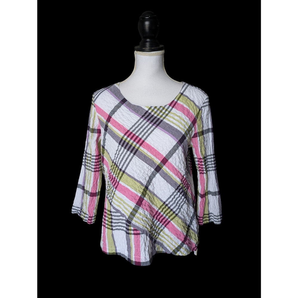 Habitat Clothes To Live In Textured Plaid Check Top Size Small Pink White Green
